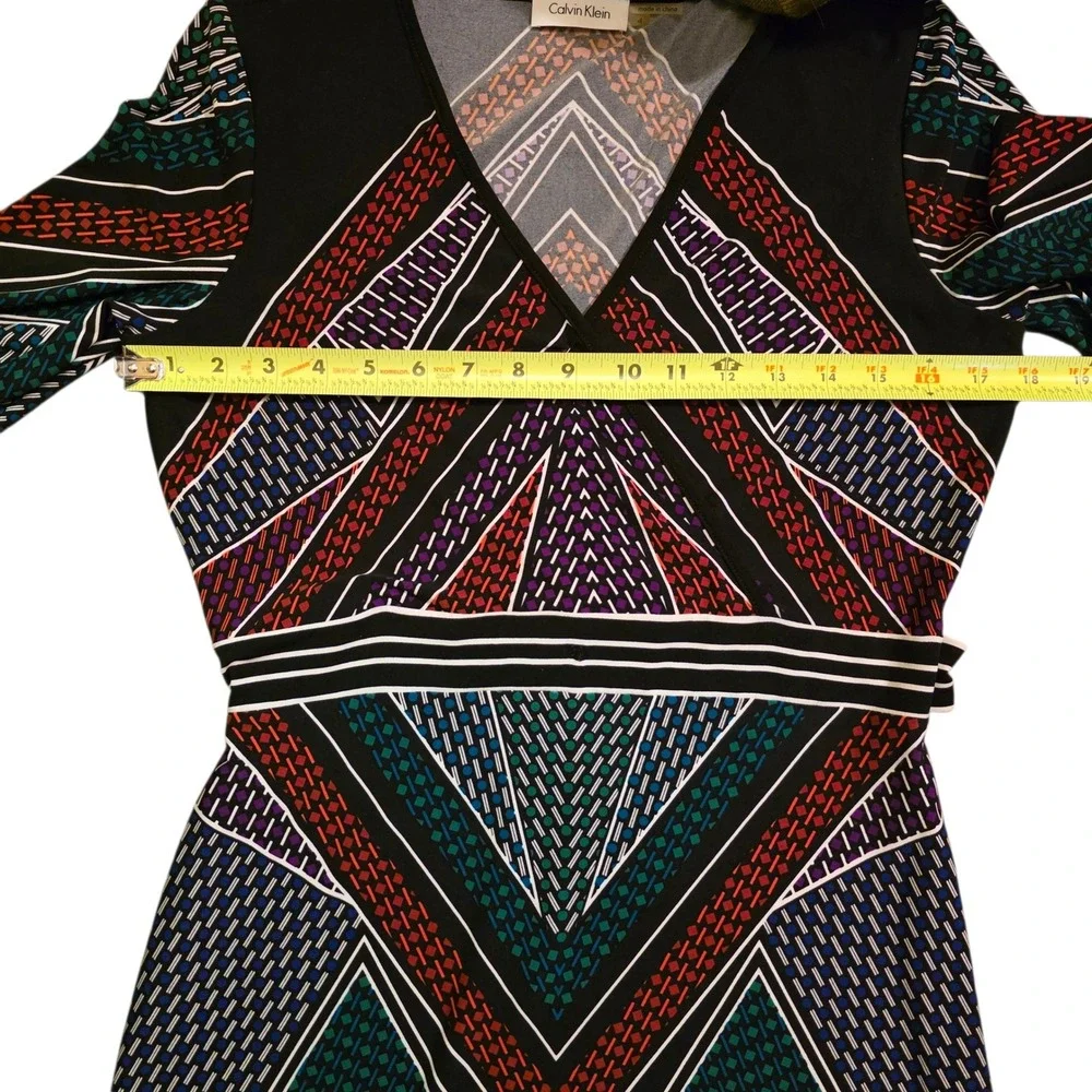 Calvin Klein Geometric Print‎ V Neck 3/4 Sleeve Faux Wrap Dress Women's Size M